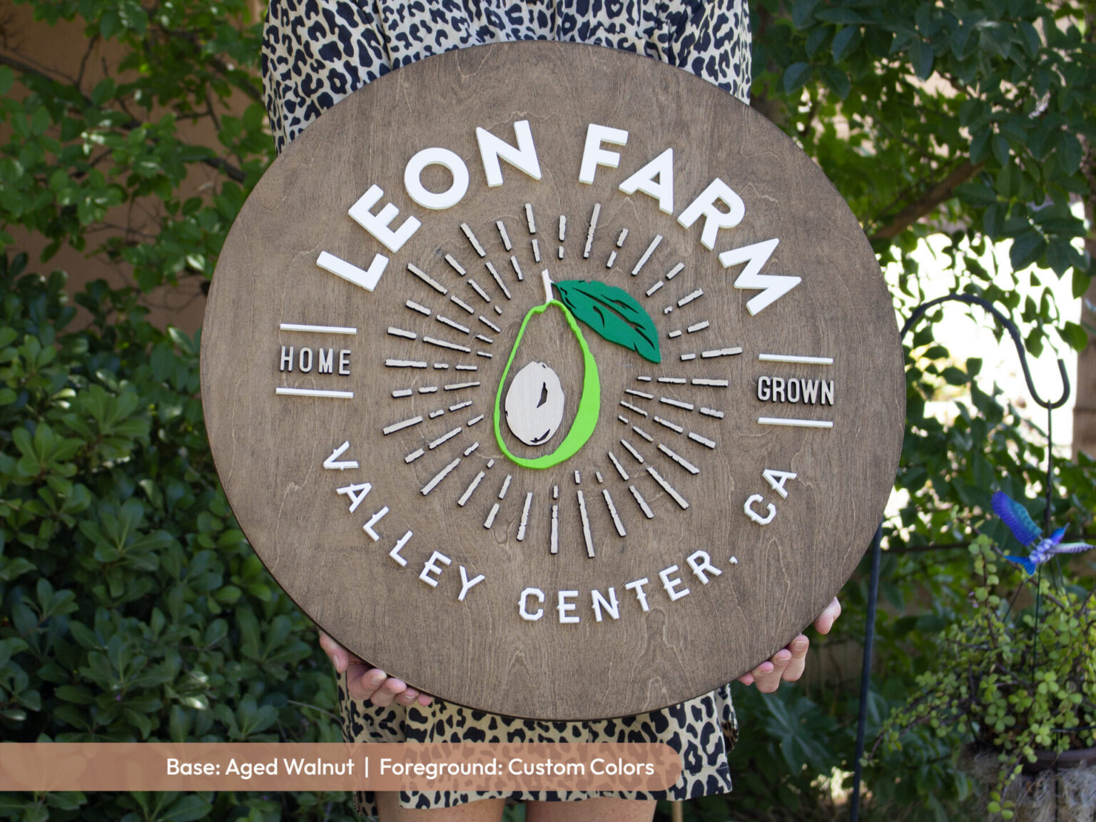 custom round farm logo wood sign with aged walnut base and custom color laser cut logo lettering