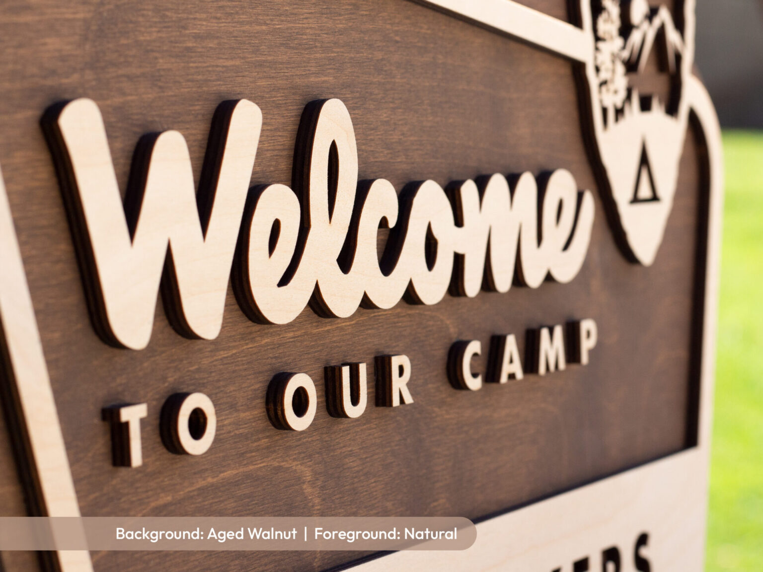 custom national park service welcome sign with aged walnut base and custom personalized natural laser cut wood family surname