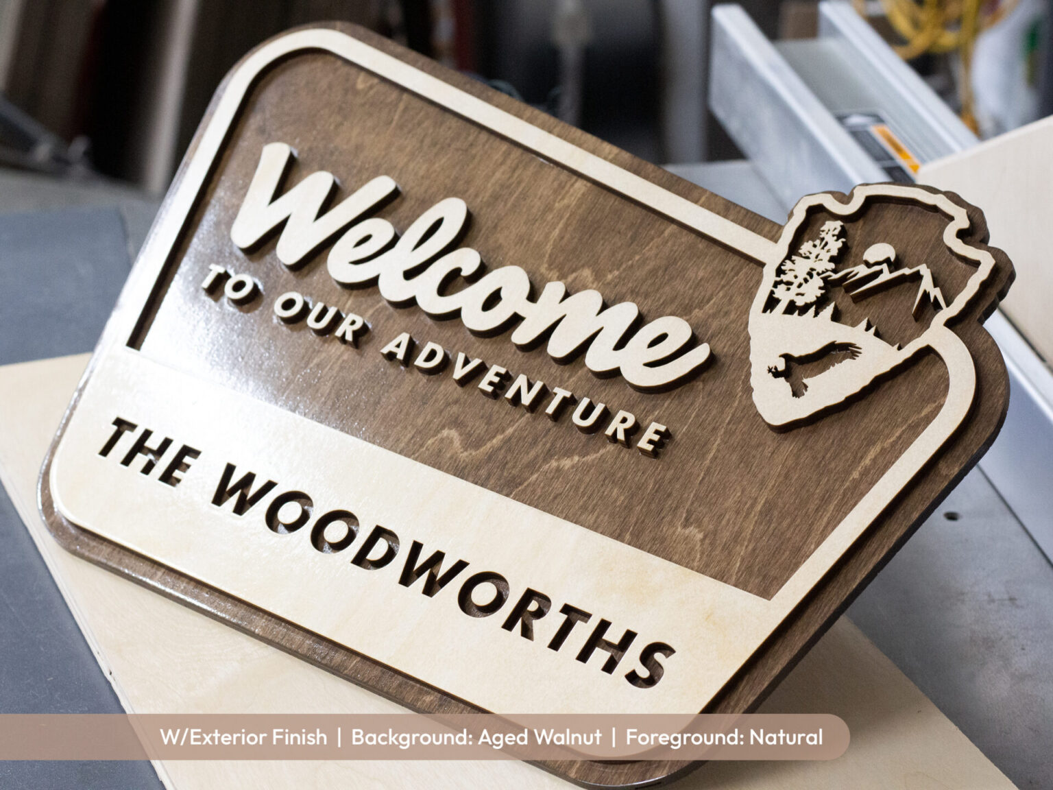 custom national park welcome sign with clear coat exterior finish and eagle icon on the arrowhead emblem