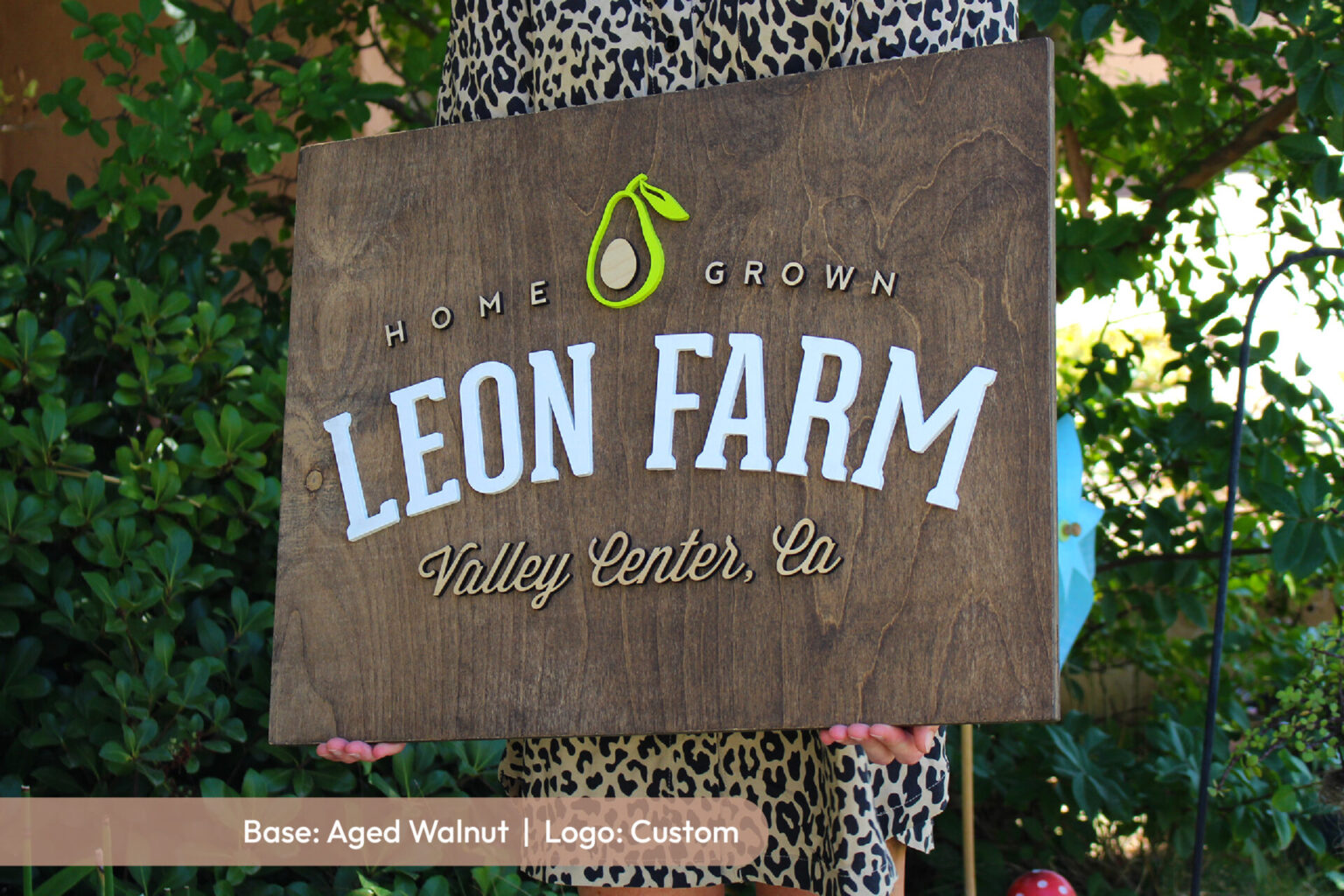 custom aged walnut with custom color logo for farm wood business sign