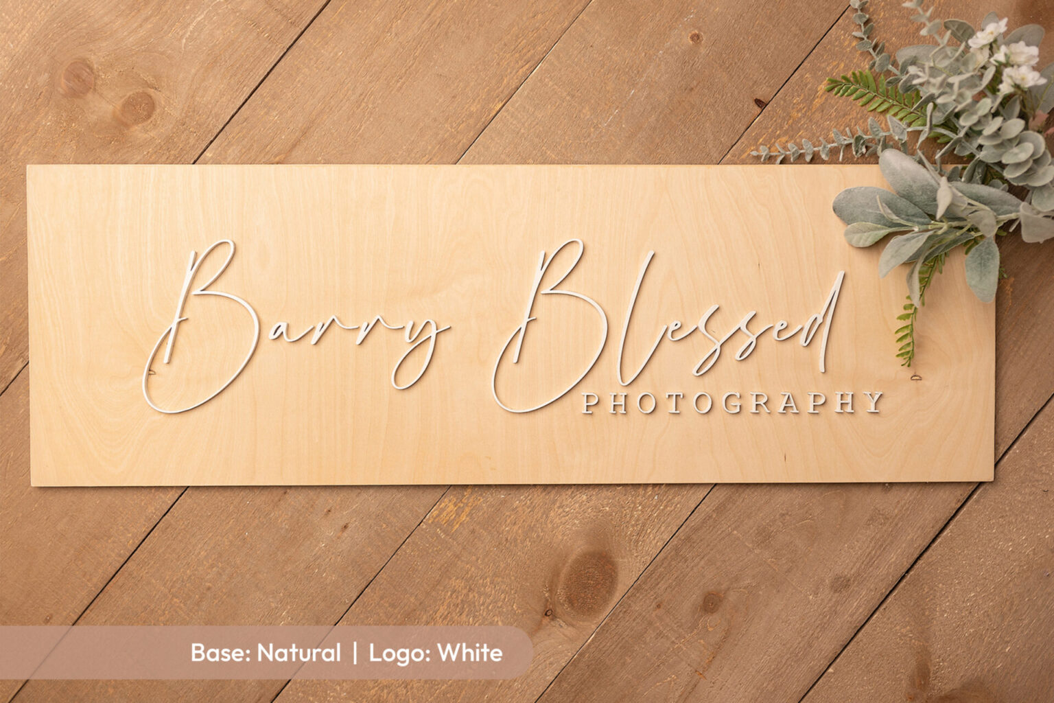 custom natural wood base and white logo for photographer logo business sign