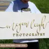 custom photographer's logo business sign with white wash base and gold logo