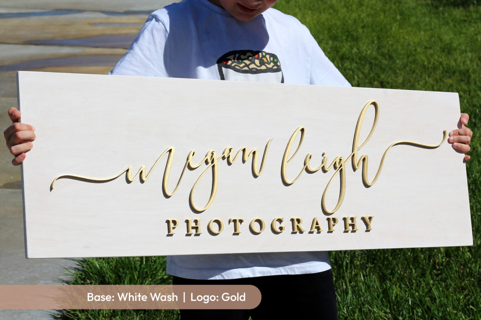 custom photographer's logo business sign with white wash base and gold logo