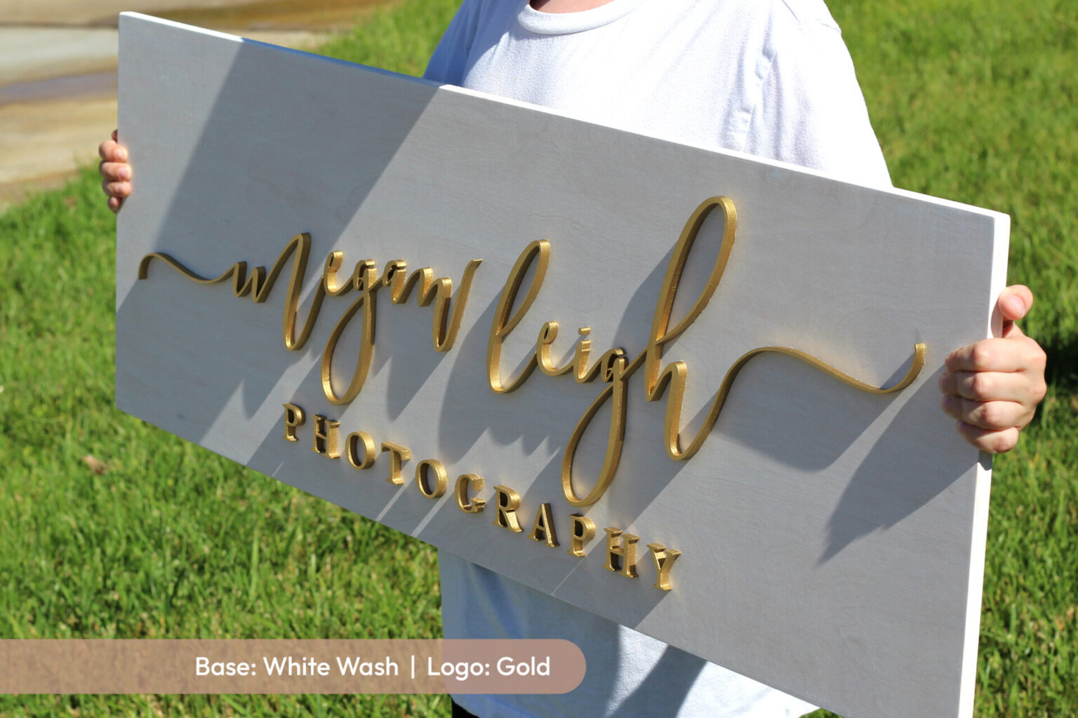 custom white wash photographer's logo laser cut gold laser cut sign