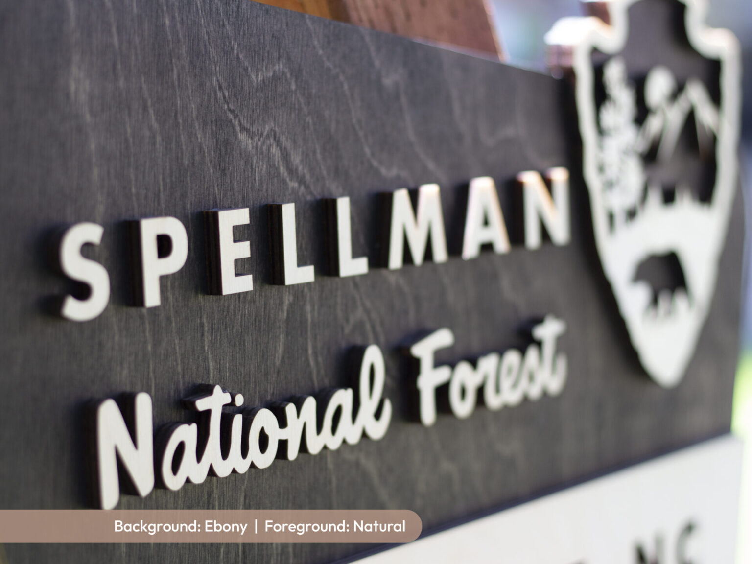 close up of personalized national forest sign with black stain and natural birch custom laser cut lettering with a bear icon in the arrowhead emblem