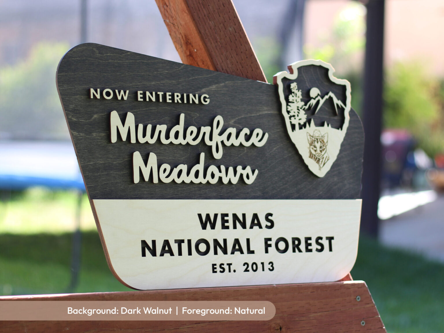 custom national forest sign without border with personalized cat logo icon on arrowhead emblem. Black stain base with natural birch colored personalized custom family name and date