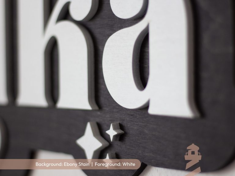 close up of laser cut custom first name wooden boy's bedroom sign for bedroom, nursery or playroom.