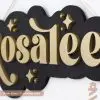 Girl's bedroom sign with ebony base and gold lettering. Custom made for girl's first name out of laser cut wood.