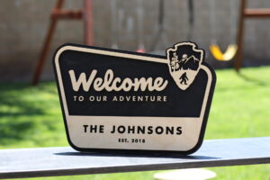 Custom national park sign with sasquatch big foot icon on the arrowhead emblem